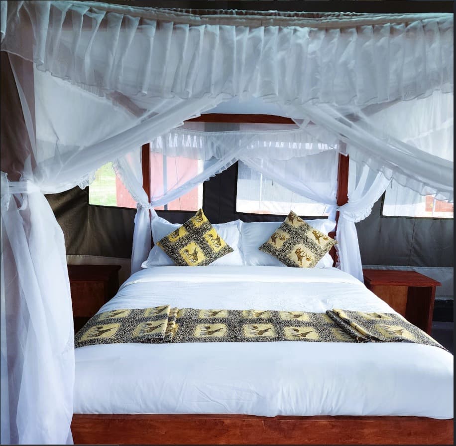 Front view of a mosquito-net bed inside an Endeem Mara tented room