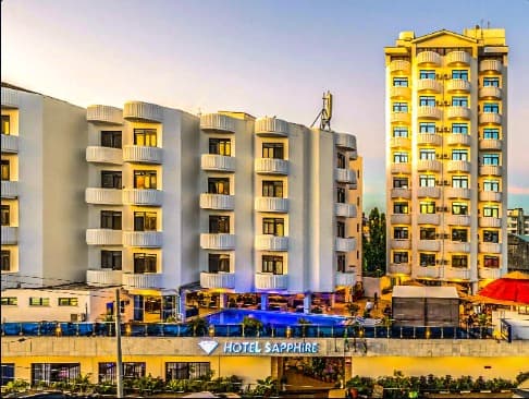 Hotel Sapphire exterior at night in Mombasa
